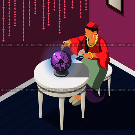 Gypsies isometric background with woman dressed in national costume guessing on magic sphere vector illustration. Gypsies Isometric Magic Background. Стоковая иллюстрация, агентство Ingram Publishing / Фотобанк Лори
