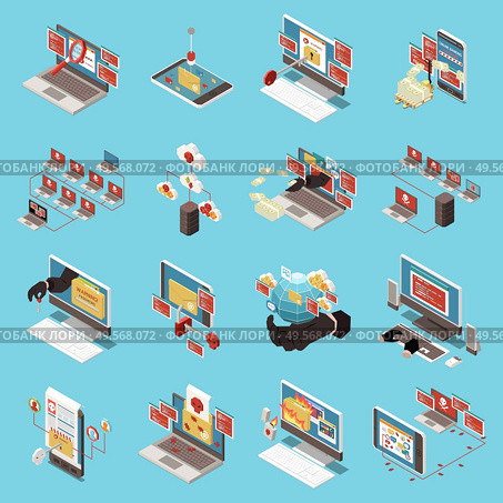 Hacker fishing digital crime isometric icon set with online scams attack spam and hacking vector illustration. Стоковая иллюстрация, агентство Ingram Publishing / Фотобанк Лори