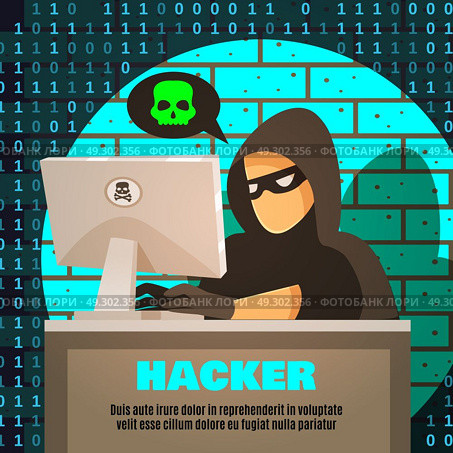 Hacker Near Computer Illustration. Hacker in gloves and mask near computer and cloud with skull on brick wall background vector illustration. Стоковая иллюстрация, агентство Ingram Publishing / Фотобанк Лори