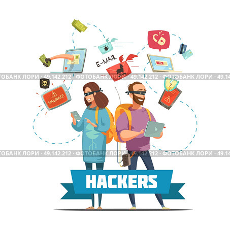Hackers Criminals Cartoon Composition Poster . Cyber criminal hackers at work stealing  passwords information and bank account access retro cartoon poster vector illustration . Стоковая иллюстрация, агентство Ingram Publishing / Фотобанк Лори