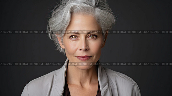 hair female headshot grey background ai generated. Стоковое AI-изображение, AI-художник Vectorwin / Фотобанк Лори