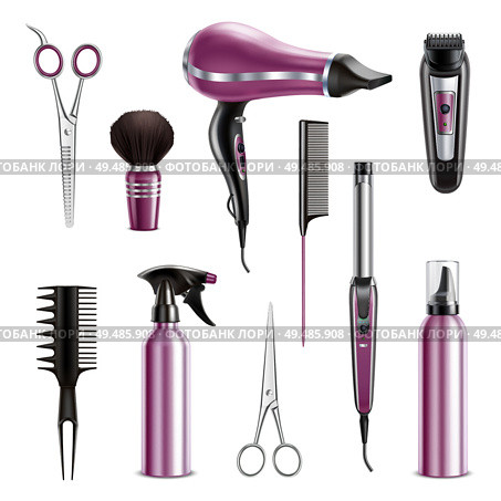 Hairdresser tools realistic set with hairdryer combs scissors trimmer sprayer  pump dispenser electric curler isolated vector illustration. Стоковая иллюстрация, агентство Ingram Publishing / Фотобанк Лори