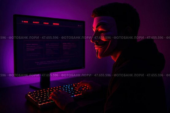 Хакер  в маске  за компьютером. Стоковое AI-изображение, AI-художник Башкирова Анна / Фотобанк Лори