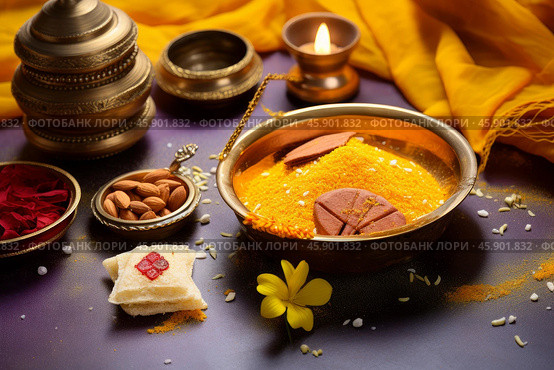 Haldi ceremony preparations with turmeric powder, sandalwood, almonds, sweets, and diya. Стоковое AI-изображение, AI-художник Иван Рябоконь / Фотобанк Лори