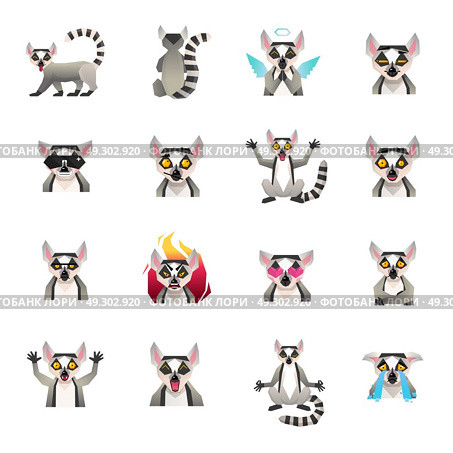 Half Ape Icons Collection. Lemur polygonal big set of sixteen isolated macaco funny cartoon character icons in flat doodle style vector illustration. Стоковая иллюстрация, агентство Ingram Publishing / Фотобанк Лори