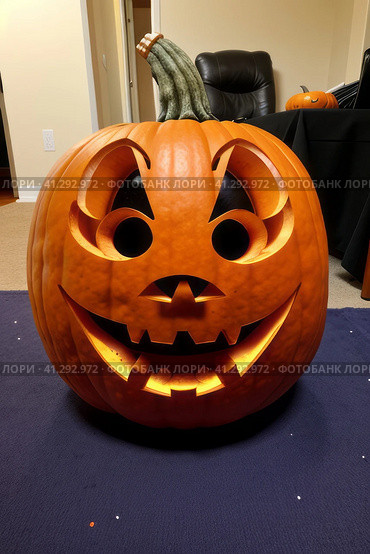 Halloween - annually October 31. One of the most famous attributes is the pumpkin lantern, or Jack's lamp — it is a hollow pumpkin, on which an ominous grimace is carved, and a candle is placed inside. Стоковое AI-изображение, AI-художник Сергей Елизарьев / Фотобанк Лори