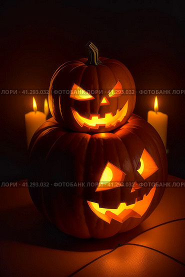 Halloween - annually October 31. One of the most famous attributes is the pumpkin lantern, or Jack's lamp — it is a hollow pumpkin, on which an ominous grimace is carved, and a candle is placed inside. Стоковое AI-изображение, AI-художник Сергей Елизарьев / Фотобанк Лори