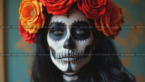 Halloween beauty portrait of a skeleton woman of death, the makeup on the face. Girl death Halloween costume. Day of The Dead. Charming and dangerous Calavera Catrina. Стоковое AI-видео, аниматор Sergey Grishin / Фотобанк Лори