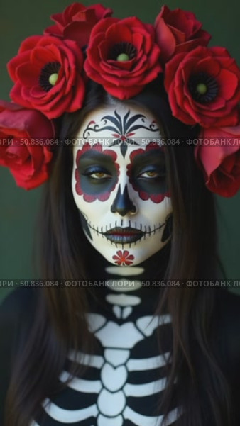 Halloween beauty portrait of a skeleton woman of death, the makeup on the face. Girl death Halloween costume. Day of The Dead. Charming and dangerous Calavera Catrina. Стоковое AI-видео, аниматор Sergey Grishin / Фотобанк Лори