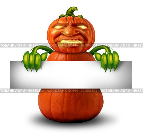 Halloween character message sign as a pumpkin with human expression and plant body and hands holding a blank banner sign as a scary jack o lantern Halloween message or autumn on a white background. Стоковое фото, агентство Ingram Publishing / Фотобанк Лори