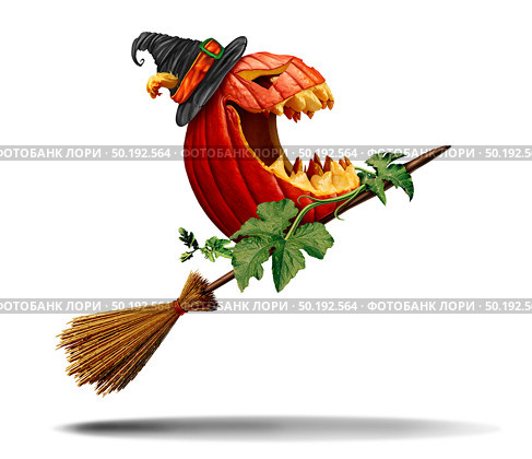 Halloween pumpkin and witch broom as an old magical besom for a magical jack o lantern as a symbol for fall and autumn festive communicartion as a graphic element with 3D renders. Стоковое фото, агентство Ingram Publishing / Фотобанк Лори