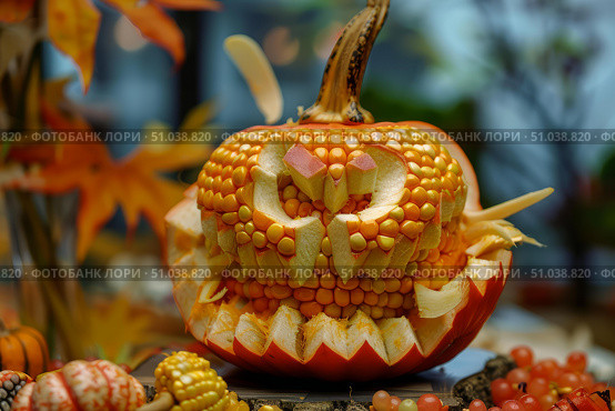 Halloween pumpkin carving decorated with corn kernels displaying a spooky face. Стоковое AI-изображение, AI-художник Иван Рябоконь / Фотобанк Лори