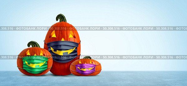 Halloween safety mask as a group of jack o lantern pumpkin wearing a medical face protection as an autumn symbol for disease control and virus infection and coronavirus or covid-19 safety in a 3D illustration style. Стоковое фото, агентство Ingram Publishing / Фотобанк Лори