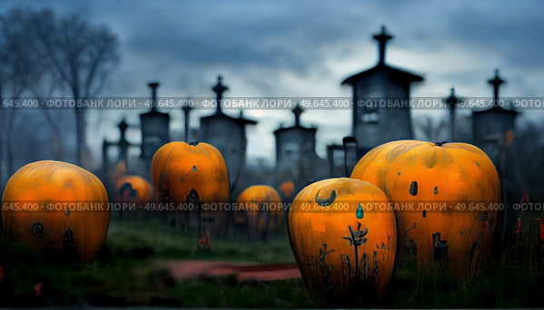 halloween scene with scary burning pumpkins jack o lanterns on a cemetery ground. Halloween scene on orange background. Стоковое фото, агентство Ingram Publishing / Фотобанк Лори