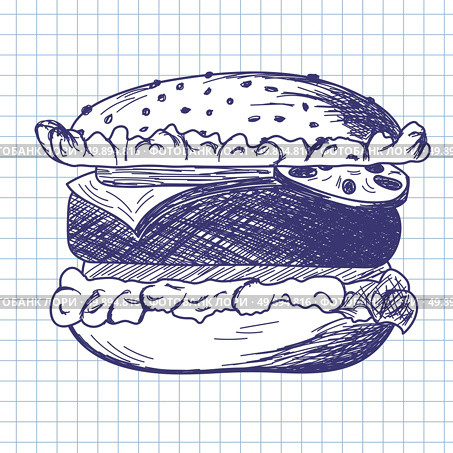 Hamburger. Doodle sketch on checkered paper background. Vector illustration. Стоковая иллюстрация, агентство Ingram Publishing / Фотобанк Лори