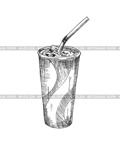 Hand drawn cola paper cup vector monochrome illustration. Fast food badge sketch style for brochures and banner restaurant menu, cafe cover template. Hand drawn cola paper cup vector monochrome sketch. Стоковая иллюстрация, агентство Ingram Publishing / Фотобанк Лори