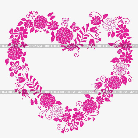 Hand drawn decorative spring monochrome frame with floral heart. Стоковая иллюстрация, иллюстратор Ольга Дроздова / Фотобанк Лори