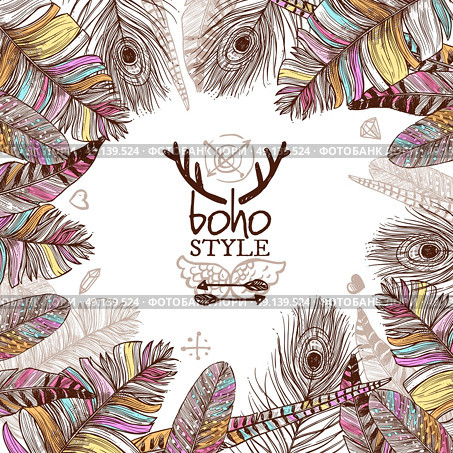 Hand Drawn Feathers Poster. Hand drawn feathers poster with colorful bird plumes in boho style on white background vector illustration. Стоковая иллюстрация, агентство Ingram Publishing / Фотобанк Лори