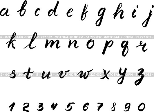 Hand drawn vector alphabet. Letters A-Z and numbers 0-9 written by liner isolated on white. Calligraphy  font. Latin lowercase handwriting symbols. Стоковая иллюстрация, иллюстратор Вера Федорова / Фотобанк Лори