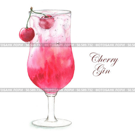 Hand drawn watercolor illustration of summer fresh cocktail Cherry Gin. Isolated on the white background. Cocktail watercolor illustration. Стоковое фото, агентство Ingram Publishing / Фотобанк Лори