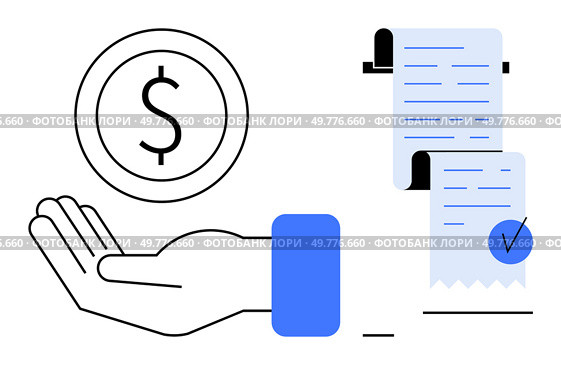 Hand holding a dollar coin alongside a transaction receipt indicating paid status Ideal for, finance business accounting transactions payment processing bookkeeping vector minimalistic blue black white. Financial Management and Transaction Process with Payment Receipts and Money Icon. Стоковая иллюстрация, агентство Ingram Publishing / Фотобанк Лори