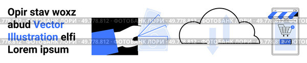 Hand holding cash card, cloud with arrows, and shopping cart icon suggest seamless digital payment, data management, and online shopping. Ideal for e-commerce, technology, fintech, digital marketing. Digital Payment and Cloud Data Synchronicity in E-Commerce. Стоковая иллюстрация, агентство Ingram Publishing / Фотобанк Лори