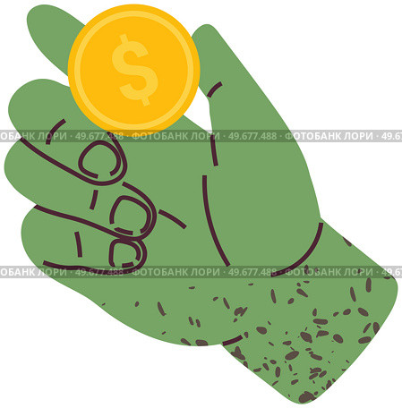 Hand holding gold money coin. Cash for payment, dollar coin, penny, kopek. Gold money for cash payment. Pennies for transactions with money. Currency in human hand isolated on white background. Cash for payment, dollar coin, penny, kopek. Currency in human hand for transactions with money. Стоковая иллюстрация, агентство Ingram Publishing / Фотобанк Лори