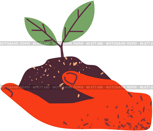 Hand holding green plant, element of eco design. Piece of soil with seedling of new tree. Green sprout planted in ground. Caring for nature and ecology concept. Greening, tree growing process. Hand holding green plant, element of eco design. Green sprout, seedling of tree planted in ground. Стоковая иллюстрация, агентство Ingram Publishing / Фотобанк Лори