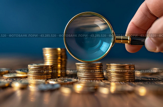Hand Holding Magnifying Glass Over Stacks of Gold Coins on Table. Стоковое AI-изображение, AI-художник Юлия Гапеенко / Фотобанк Лори
