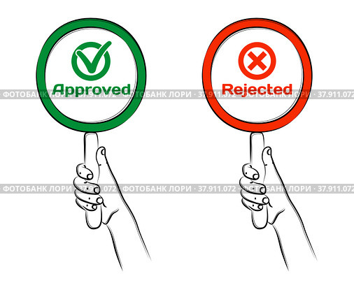 Hand holding round frame or card on handle. Red Rejected sign. Green Approved sign. Approve icon, Reject icon for website or application, web banner, poster. Sketch, editable linear contour drawing. Рука держит круглую рамку или карточку на ручке. Красный знак отказа. Зеленый одобренный знак. Значок Утвердить, значок Отклонить для веб-сайта или приложения, веб-баннера, плаката. Эскиз, редактируемый линейный контурный рисунок. Стоковая иллюстрация, иллюстратор Dmitry Domashenko / Фотобанк Лори