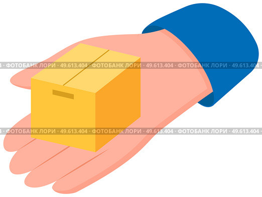 Hand holds cardboard box vector illustration. Delivery of items and goods around the world. Man with closed square box with unknown contents. Person with container in hand isolated on white background. Hand is holding cardboard box flat vector illustration. Delivery of items and goods around the world. Стоковая иллюстрация, агентство Ingram Publishing / Фотобанк Лори