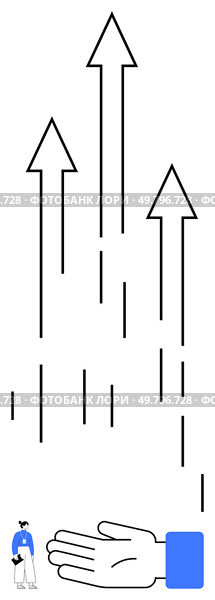 Hand holds person, extends upward arrows, signifying support, guidance, empowerment, progression, upward mobility. Ideal for growth, success leadership mentorship motivation progress. Person Standing on Platform with Hand and Upward Arrows Symbolizing Support and Growth. Стоковая иллюстрация, агентство Ingram Publishing / Фотобанк Лори