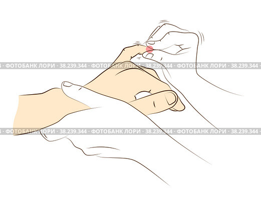 Hand massage, close-up. Physiotherapist presses special points on female palm to relieve headaches and other pains. Health and wellness acupressure manipulations. Alternative medicine, reflexology. Массаж рук, крупный план. Физиотерапевт нажимает на специальные точки на женской ладони, чтобы облегчить головную и другие боли. Акупрессурные манипуляции для здоровья и хорошего самочувствия. Альтернативная медицина, рефлексотерапия. Стоковая иллюстрация, иллюстратор Dmitry Domashenko / Фотобанк Лори