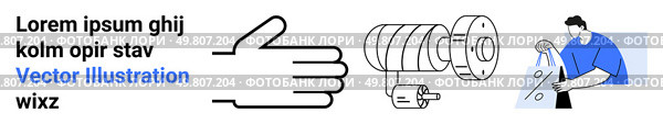 Hand outline, mechanical component with gears, and man turning a wrench suggest mechanical work. Mans blue attire, labels, gears. Ideal for industry, mechanics, engineering technical manuals. Simplified Industrial Design Featuring Hand, Mechanical Device, and Man Using a Wrench. Стоковая иллюстрация, агентство Ingram Publishing / Фотобанк Лори