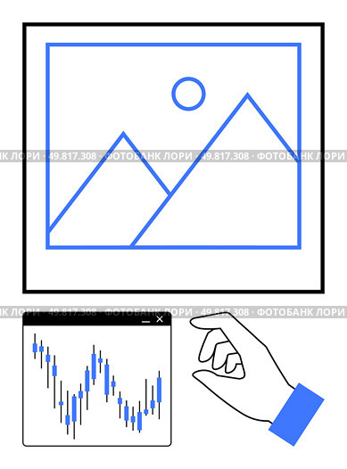 Hand pinching upward near financial graph and framed mountain drawing with sun ideal for business strategies, investment analyses, market trends, financial growth, data manipulation, economic. Hand manipulating financial graph beneath framed mountain artwork representing investment flexibility. Стоковая иллюстрация, агентство Ingram Publishing / Фотобанк Лори