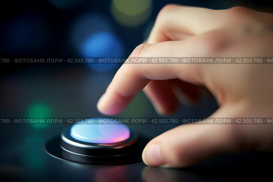 Hand pushes the illuminated button. Generate ai. Стоковое AI-изображение, AI-художник Иван Рябоконь / Фотобанк Лори