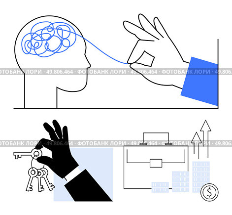 Hand untangling brain illustrating problem-solving and clarity, hand holding keys symbolizing access, briefcase with chart representing growth and success. Ideal for mental clarity, leadership. Conceptual Visuals of Problem Solving, Leadership, and Keys to Success. Стоковая иллюстрация, агентство Ingram Publishing / Фотобанк Лори