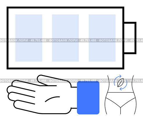 Hand with a blue wristband, battery icon, and waistline with arrows symbolizing energy renewal and health. Ideal for wellness, energy management, fitness, wearables, technology, health monitoring. Hand with Wristband, Battery Symbol, and Waistline with Arrows Depicting Energy Flow. Стоковая иллюстрация, агентство Ingram Publishing / Фотобанк Лори