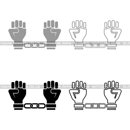 Handcuffed hands Chained human arms Prisoner concept Manacles on man Detention idea Fetters confine Shackles on person icon outline set black grey color vector illustration flat style simple image. Handcuffed hands Chained human arms Prisoner concept Manacles on man Detention idea Fetters confine Shackles on person icon outline set black grey color vector illustration flat style image. Стоковая иллюстрация, агентство Ingram Publishing / Фотобанк Лори