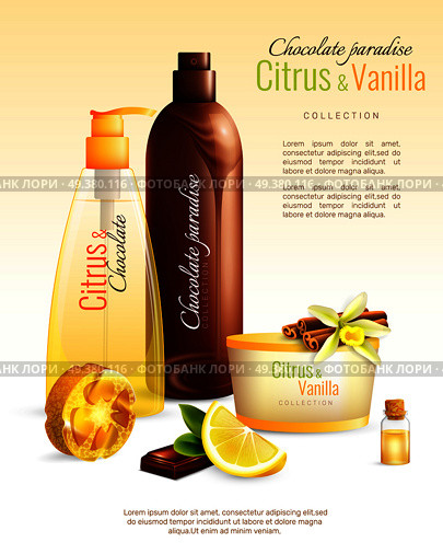 Handmade body cosmetics with nutritive ingredients including chocolate, citrus, vanilla and natural sponge ad poster vector illustration. Handmade Cosmetics With Nutritive Ingredients Poster. Стоковая иллюстрация, агентство Ingram Publishing / Фотобанк Лори