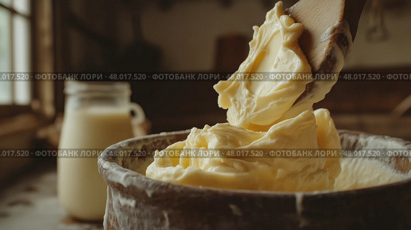 Handmade butter preparation with natural ingredients in a cozy kitchen. Приготовление масла ручной работы из натуральных ингредиентов на уютной кухне. Стоковое AI-изображение, AI-художник Katsiaryna Repich / Фотобанк Лори