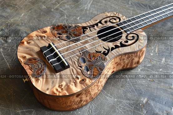 Handmade ukulele with butterfly inlay resting on a table. Стоковое AI-изображение, AI-художник Иван Рябоконь / Фотобанк Лори