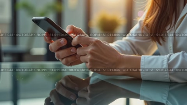 Hands and phone in close-up. Young brunette woman in white shirt using mobile phone in hands at the table near window. Businesswoman uses smartphone to solve business problems. Digital communication. Стоковое AI-видео, аниматор Ирина / Фотобанк Лори