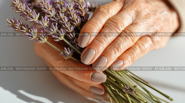 Hands holding lavender bouquet with polished nails in bright light. Руки  держат букет лаванды. Стоковое AI-изображение, AI-художник Katsiaryna Repich / Фотобанк Лори