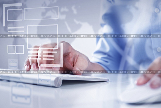 Hands of businessman working with keyboard and mouse. Working on pc. Стоковое фото, агентство Ingram Publishing / Фотобанк Лори