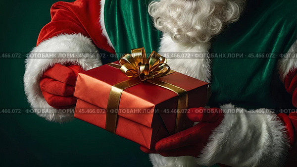 Hands of Santa Claus in close-up with a gift box in his hands on a green background. Gifts from Santa Claus. Стоковое AI-изображение, AI-художник Photojuli / Фотобанк Лори