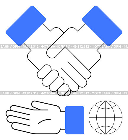 Handshake and open hand above globe, symbolizing unity, collaboration, outreach, support, and global connection. Ideal for networking, partnerships, aid community support global initiatives. Handshake, Open Hand, Globe Cooperation, Support, Global Network. Стоковая иллюстрация, агентство Ingram Publishing / Фотобанк Лори