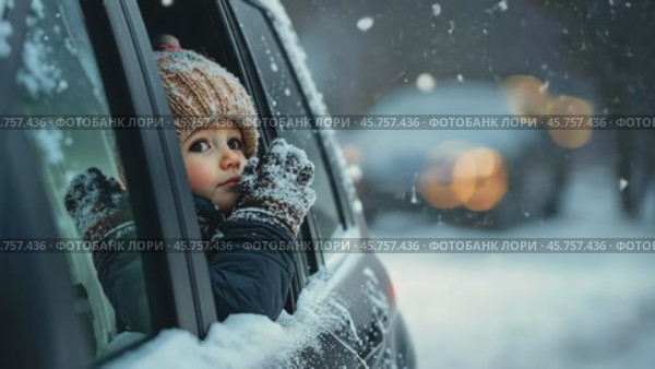 Happy Boy tasting snow through car window during snowfall. Child on a road trip. Little toddler is looking out from auto, opened his mouth, pulled out his tongue, catches snowflakes. Winter fun games. Стоковое AI-видео, аниматор Марина Демидюк / Фотобанк Лори