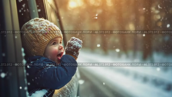 Happy Boy tasting snow through car window during snowfall. Child on a road trip. Little toddler is looking out from auto, opened his mouth, pulled out his tongue, catches snowflakes. Winter fun games. Стоковое AI-видео, аниматор Марина Демидюк / Фотобанк Лори