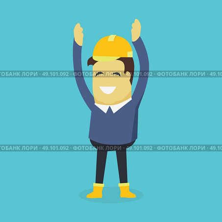 Happy Builder in Helmet. Businesman show holds hands up. Young successful investor man in helmet do business hand gesture shows good job. Approval of praise and agreement. Vector illustration. Стоковая иллюстрация, агентство Ingram Publishing / Фотобанк Лори